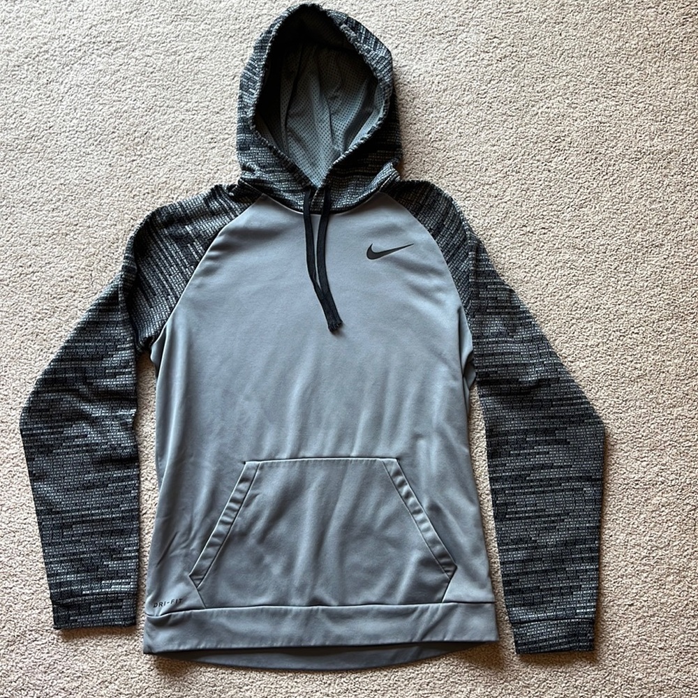 Nike DriFit Mens Medium Grey Hooded Sweatshirt (Digital Nike Pattern on Sleeves)